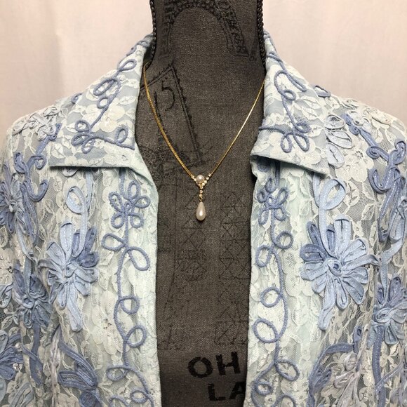 Coldwater Creek Jacket Womens Sz Medium Blue Lace Ribbon Flowers Open Blazer - Picture 2 of 7